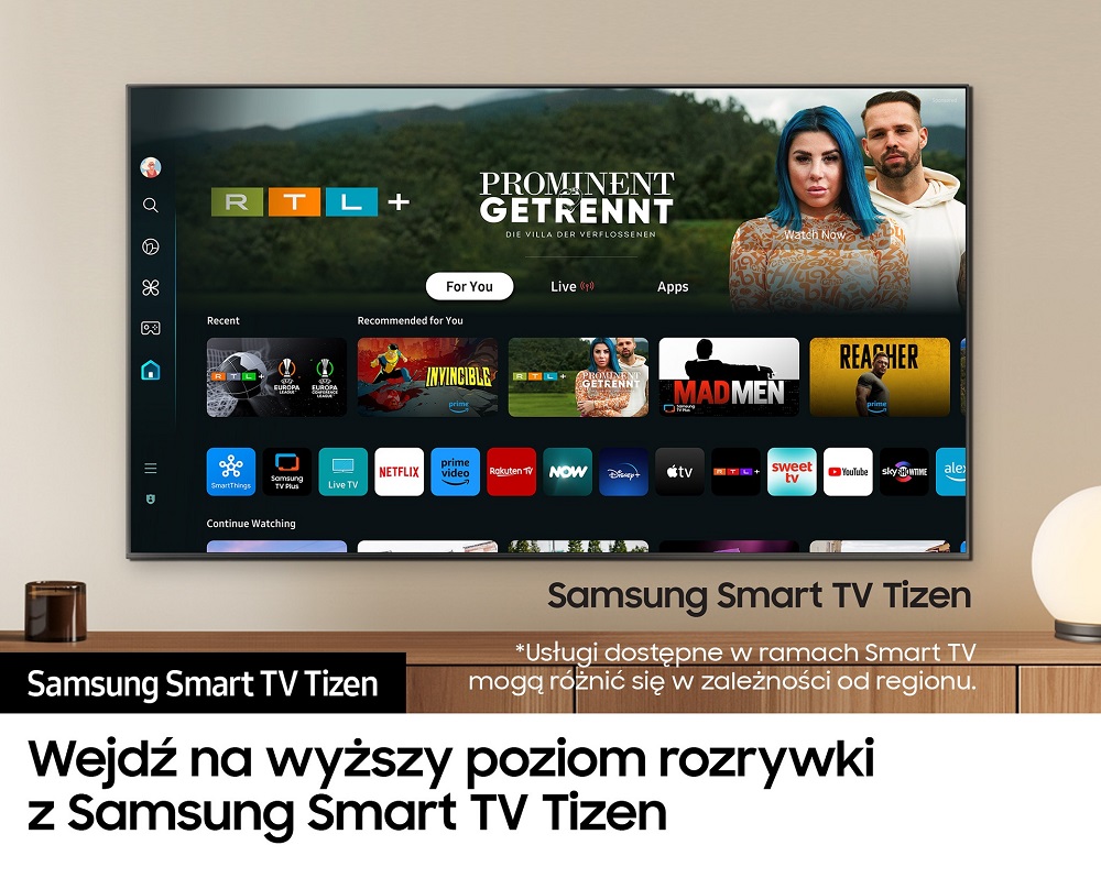 Telewizor Samsung QE75QN92D od frontu z włączonym Samsung Smart TV Titzen